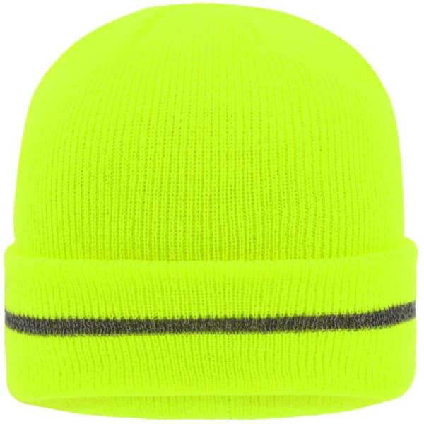 A reflective beanie in bright yellow with a grey stripe around the base. It features a logo on the fabric.
