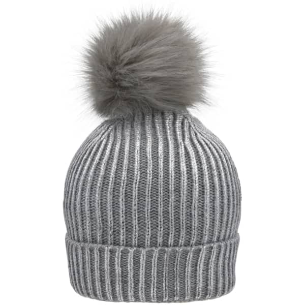 A metallic silver beanie features a ribbed design and a fluffy grey pompom on top. It has a logo on the front.