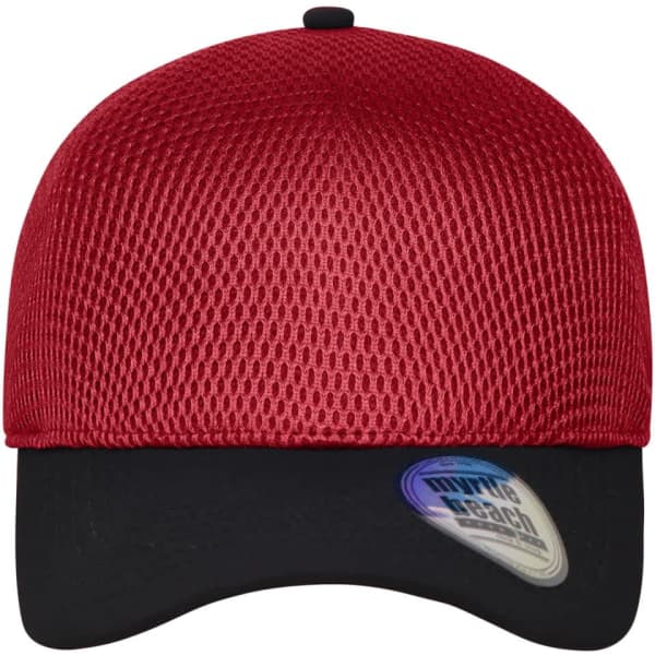 A red and black seamless mesh cap with a curved brim and a logo on the side.