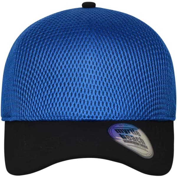 A seamless mesh cap featuring a vibrant blue top and a black visor. The cap has a logo on the side.