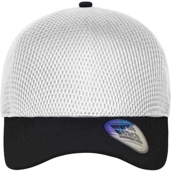A seamless mesh cap in white with a black brim, featuring a logo on the front.