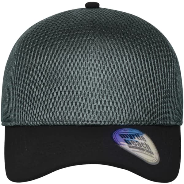 A seamless mesh cap in green and black, featuring a structured front and a curved brim. It has a logo on the side.