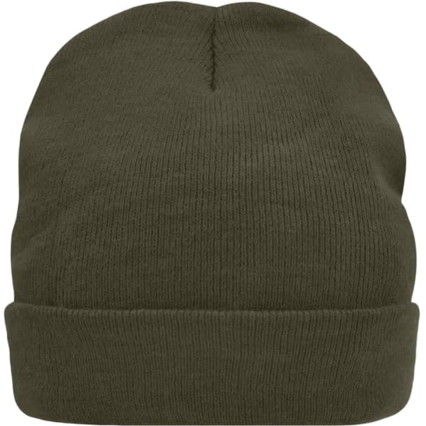A knitted beanie in olive green featuring a foldable cuff, with a branding logo on the side.