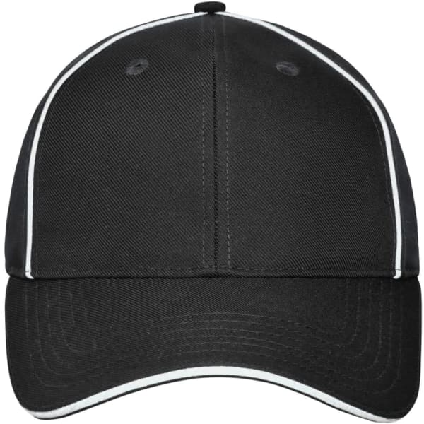 A solid black 6-panel workwear cap featuring contrasting white stitching and a logo on the front.