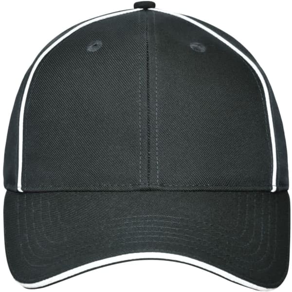 A solid black six-panel workwear cap with white piping and a branded logo on the front.