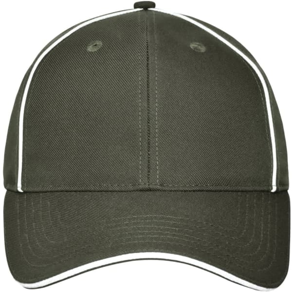 An olive green 6-panel workwear cap with white piping and a logo.