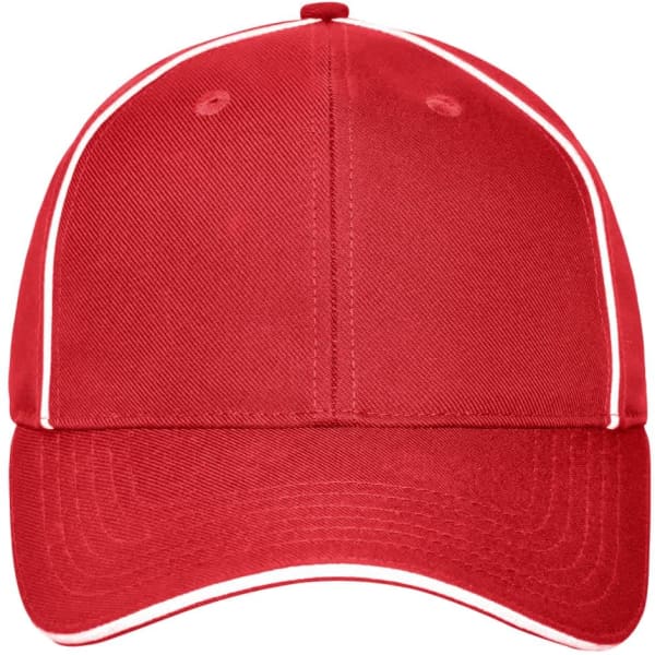 A red 6-panel workwear cap with contrasting white piping and a logo on the front.