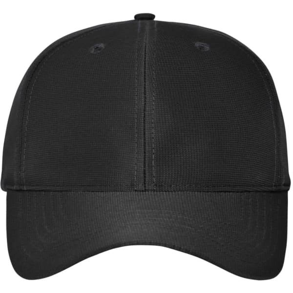 A black 6 panel workwear cap featuring a curved brim and branding on the front.