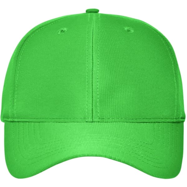 A bright green 6-panel workwear cap with a plain design and a logo on the front.