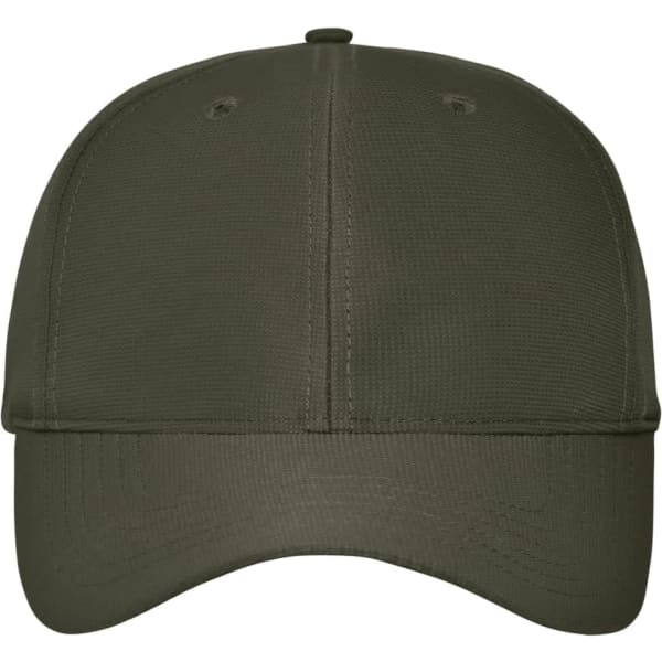 A green 6 panel workwear cap featuring a structured design and a logo on the front.