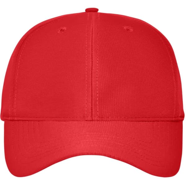 A red six-panel workwear cap featuring a branded logo, suitable for headwear.