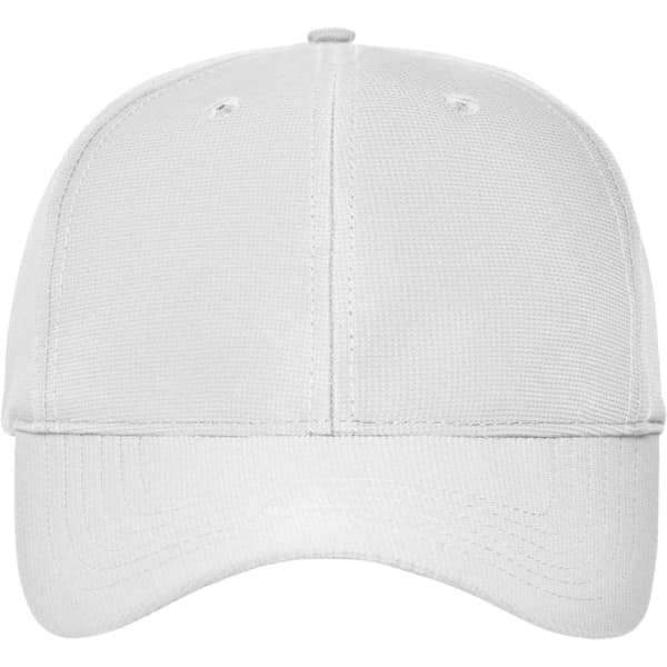 A white six-panel workwear cap with a structured design and a logo on the front.