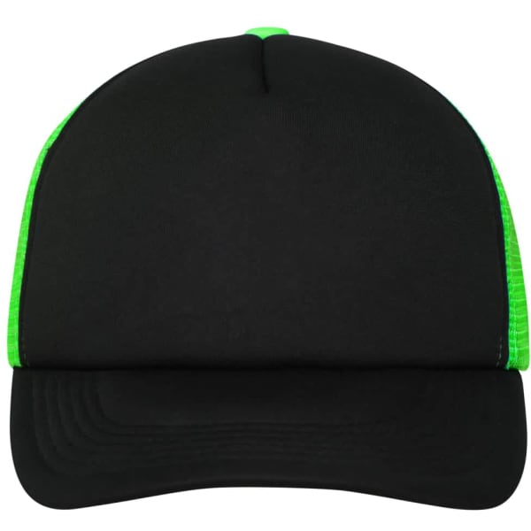 A black cap with bright green mesh sides and a solid peak, featuring a logo on the front.