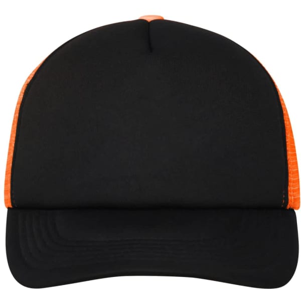 A black cap with orange mesh sides and a curved visor. Features a logo on the front.