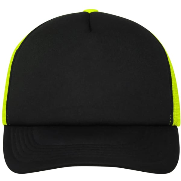 A black and neon yellow 5-panel polyester mesh cap with a curved brim and a logo on the front.