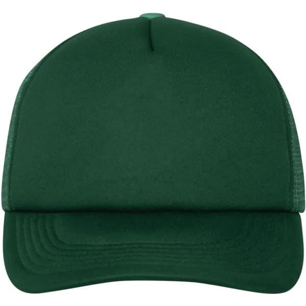 A green 5 panel polyester mesh cap featuring a solid front and mesh sides, with a logo on the front.