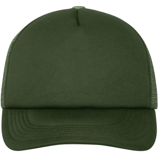 A green 5 Panel Polyester Mesh Cap with a solid front and mesh side panels, featuring a logo.