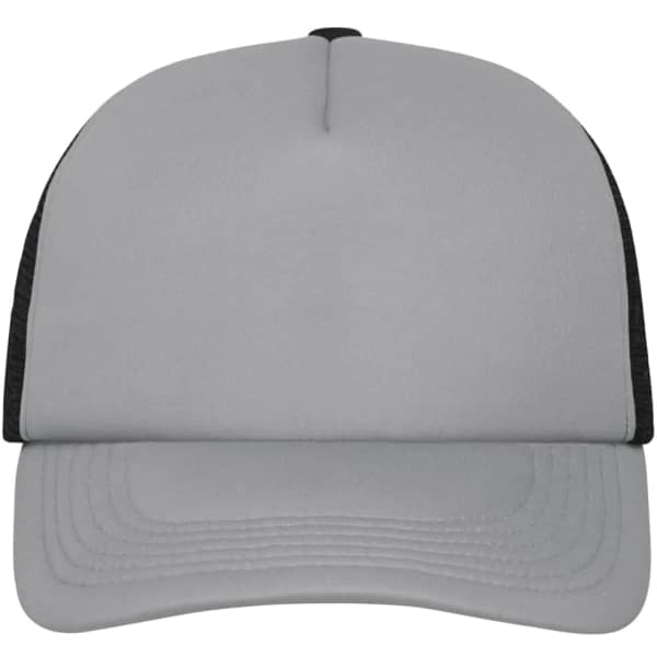 A grey 5 panel polyester mesh cap with a black mesh back and curved brim, featuring a logo on the front.