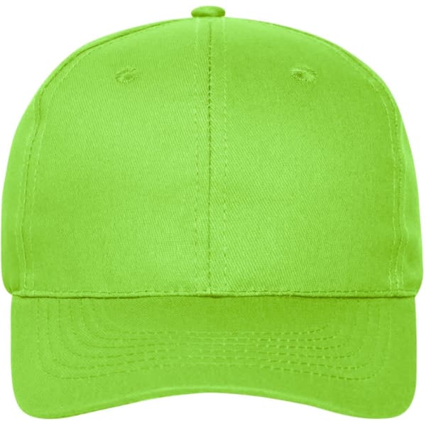 A bright green 6-panel cap with a structured brim, featuring a logo on the front.
