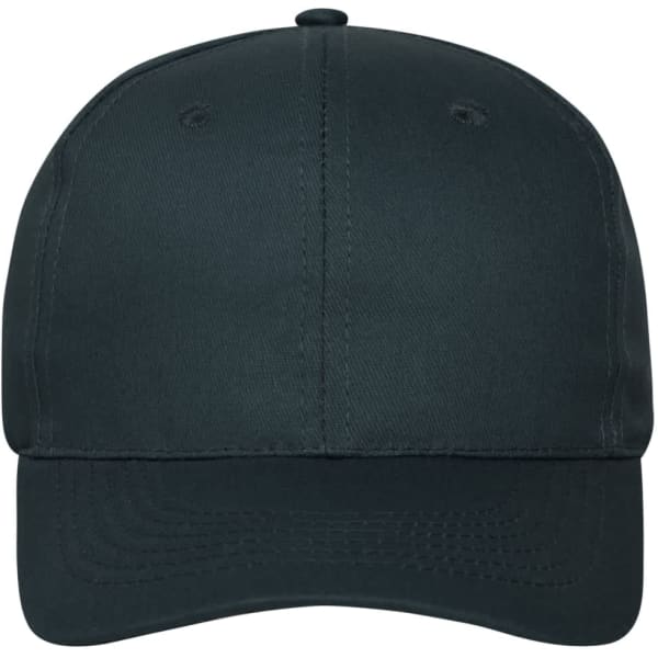 A dark green 6 panel cap made of bio cotton, featuring a logo on the front.