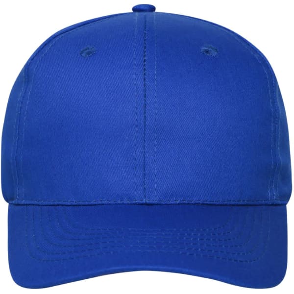 A blue 6 panel cap made from bio cotton, featuring a rounded crown and a small logo on the front.