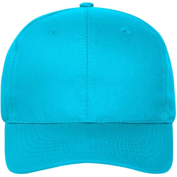 A turquoise six-panel cap made from bio cotton, featuring a structured design and a logo.