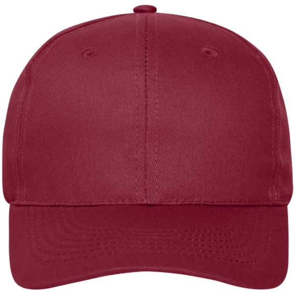 A red 6 panel cap made of bio cotton, featuring a curved peak and a logo on the front.