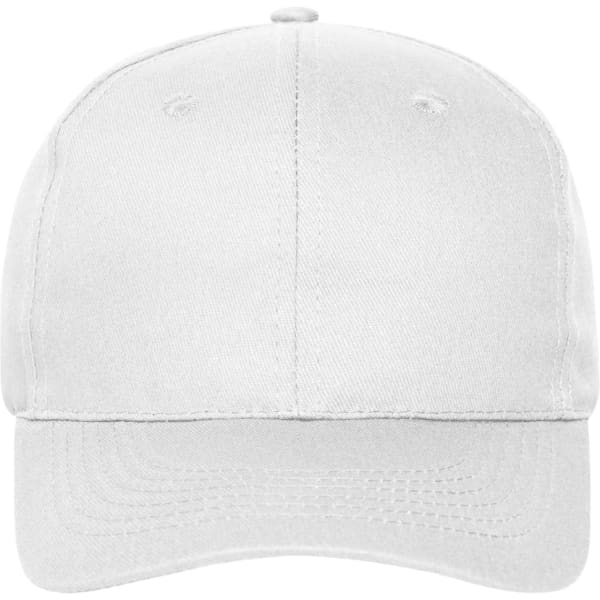 A white 6-panel cap made from bio cotton, featuring a curved brim and a logo on the front.