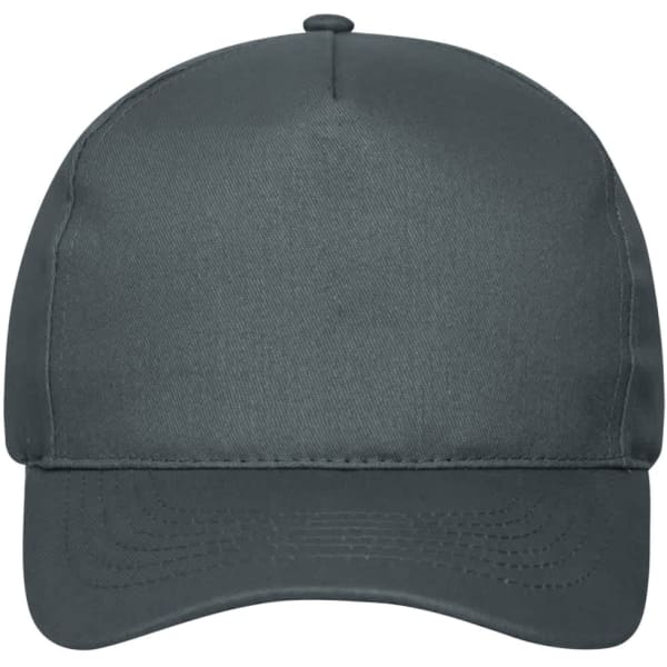 A 5 panel cap in a dark grey colour, featuring a structured design and a branding logo.