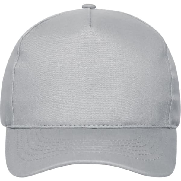 A grey 5 panel cap made from bio cotton, featuring stitching details and a logo.