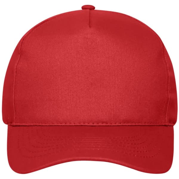 A red 5 panel cap made from bio cotton, featuring a curved peak and a logo on the front.