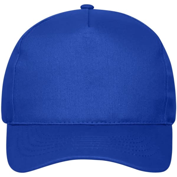 A blue 5 Panel Cap made from bio cotton, featuring a curved brim and a logo on the front.