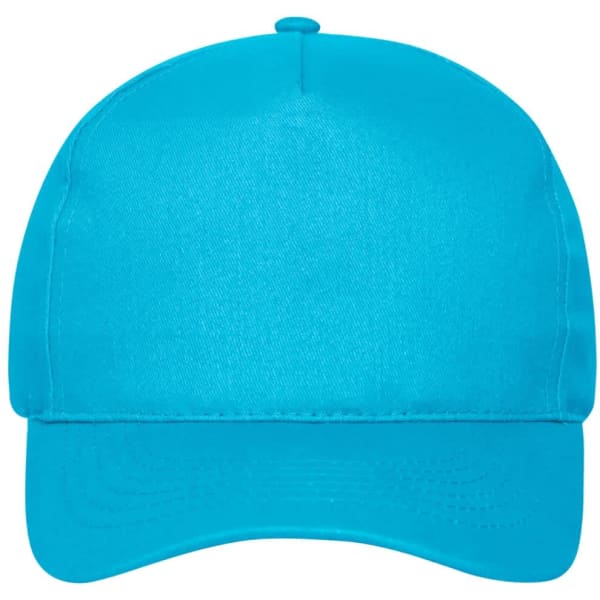 A bright aqua blue 5 panel cap made from bio cotton, featuring a logo on the front.