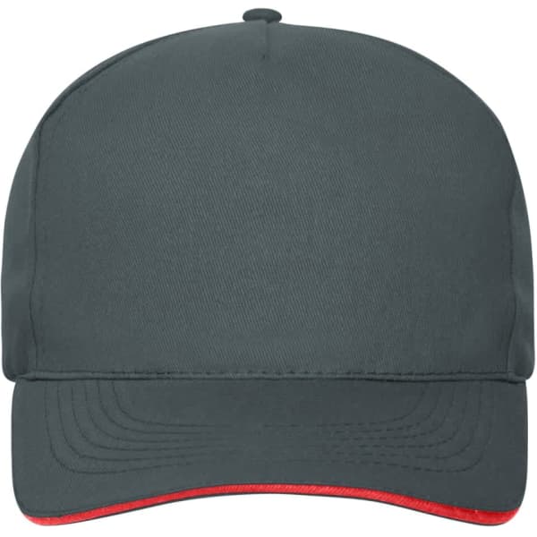 A 5-panel sandwich cap in dark grey with a red peak, featuring a logo on the front.