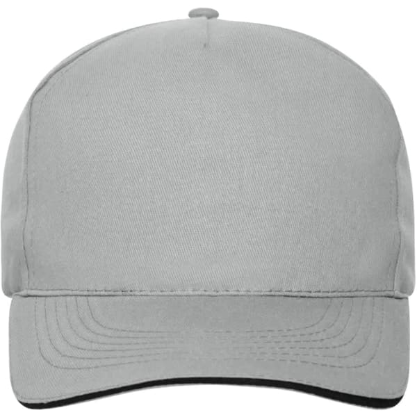 A grey 5-panel sandwich cap made from bio cotton, featuring a black underbill and a logo on the front.