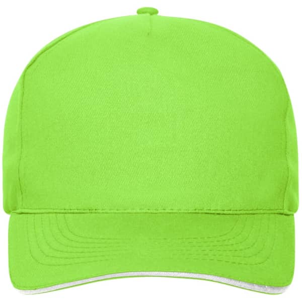 A bright green 5 Panel Sandwich Cap made from bio cotton, featuring a logo on the front.