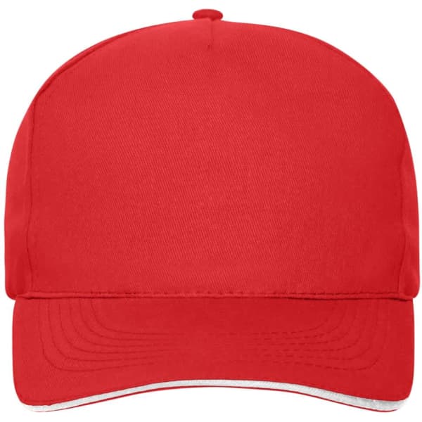 A red 5 panel sandwich cap made from bio cotton, featuring a curved brim and a logo on the front.