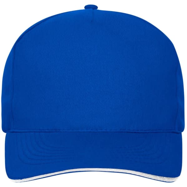 A blue 5-panel cap made from bio cotton, featuring a curved brim and a logo on the front.