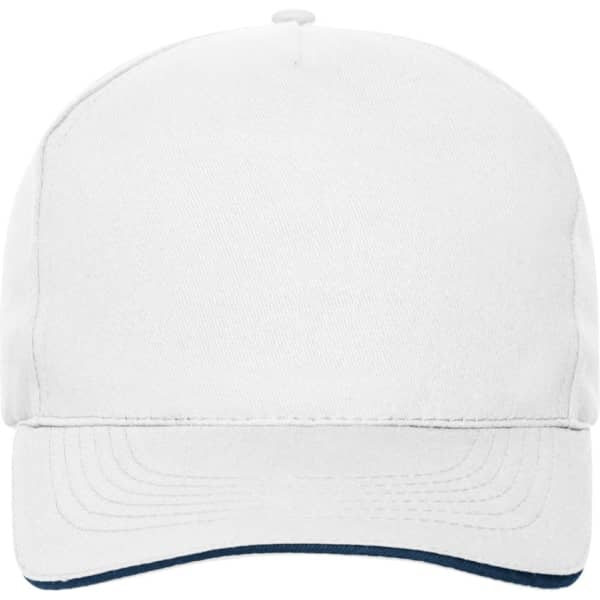 A white 5-panel sandwich cap with a navy underside and a branding logo on the front.