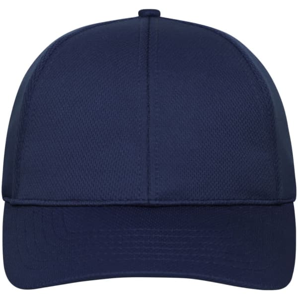 A navy blue 6 panel sports cap featuring a structured design and an adjustable strap at the back.
