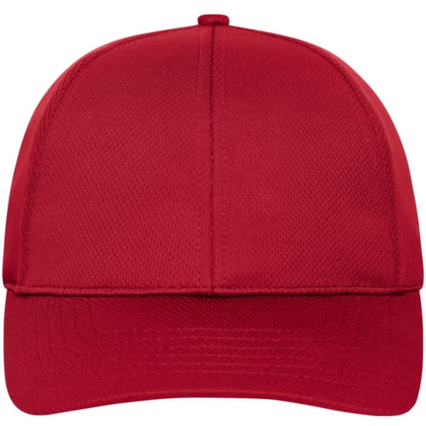 A red six-panel sports cap with a structured front and a curved brim. It features a logo on the front.