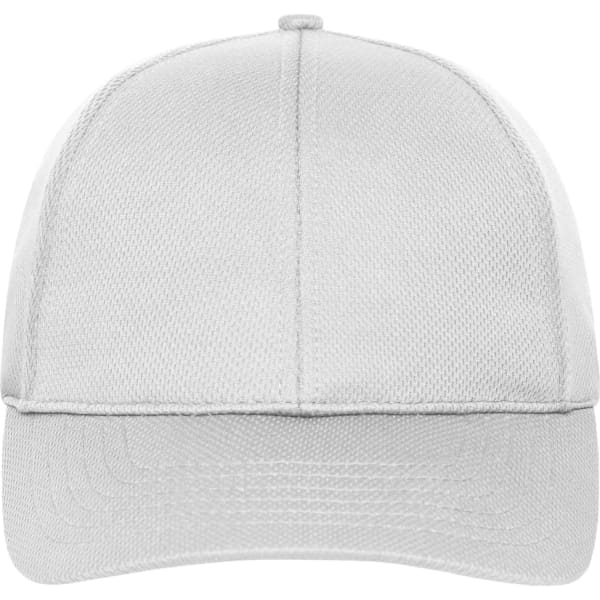 A grey six-panel sports cap with a rounded crown and a curved brim, featuring a logo on the front.