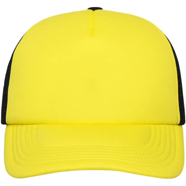 A bright yellow 5 panel polyester mesh cap with a black mesh back and a curved brim, featuring a logo.
