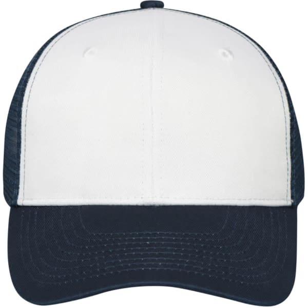 A white and navy 6-panel mesh cap with a curved brim and a logo on the front.
