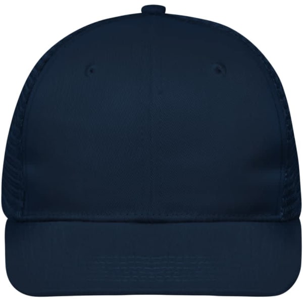 A navy blue 6 panel flat peak cap with a structured front and an adjustable strap at the back.