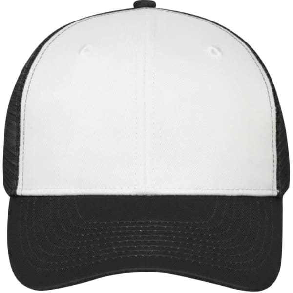 A six-panel mesh cap in black and white, featuring a structured front and a logo on the front panel.