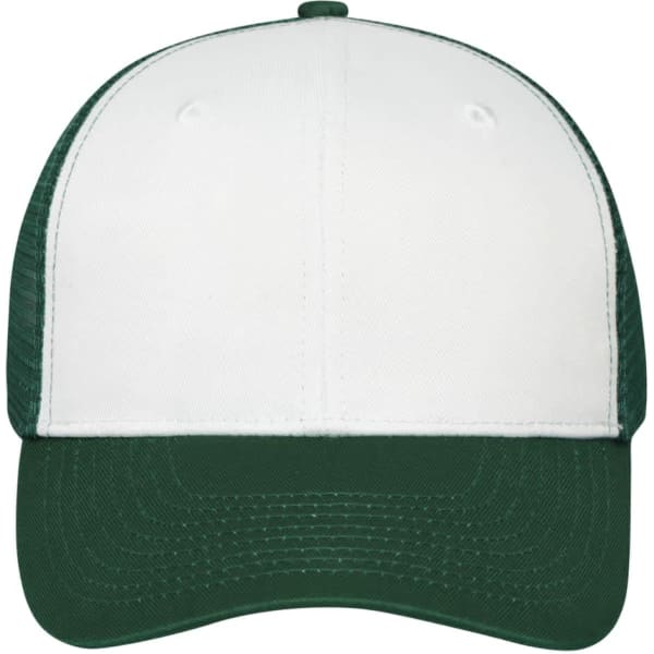 A green and white 6-panel mesh cap with a curved peak and a logo on the front.