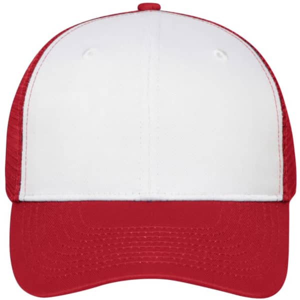A 6 panel mesh cap featuring a white front and red brim and mesh sides, with a branding logo on the front.