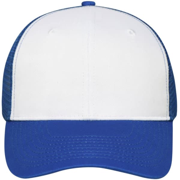 A 6-panel mesh cap featuring a white front and blue visor and mesh back, with a logo on the front.
