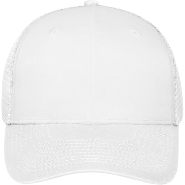 A white 6 panel mesh cap with a solid front and mesh back, featuring a logo on the front.